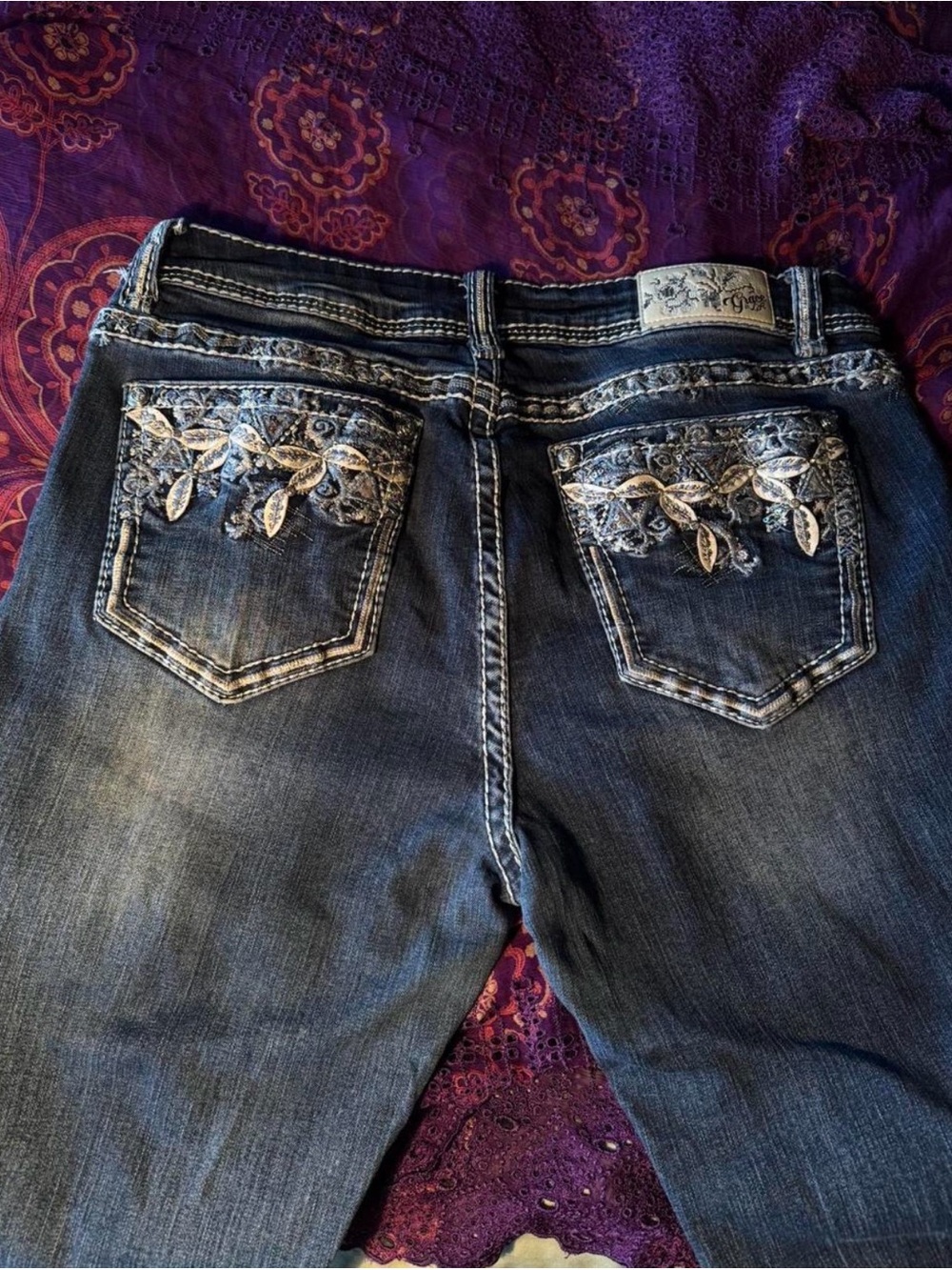 Grace in LA Dark Blue Boot Cut Jeans with Embroidered Back Pockets